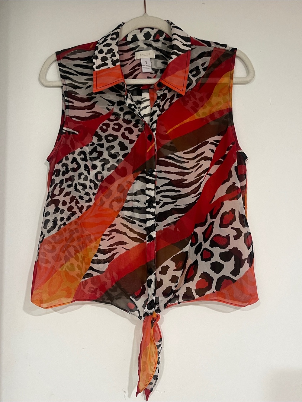 Chico’s Sleeveless Tie-Front Animal Print Sheer Blouse Button Down - Red/Orange